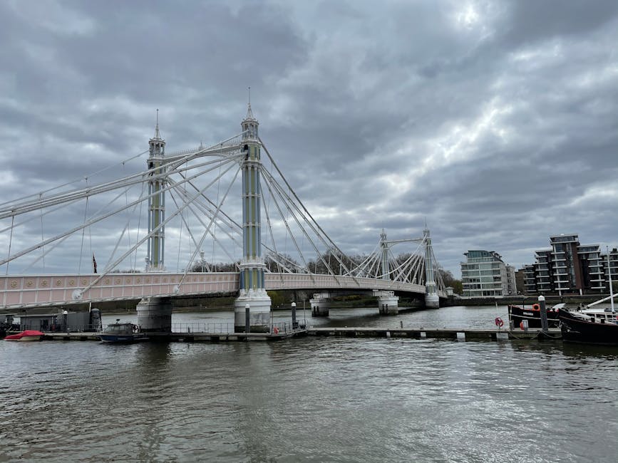 A detailed view of Hammersmith Bridge spanning the river, featuring a metal structure with pink and gray accents, supported by stone piers protruding from the water. The bridge's surface appears clean and well-maintained, with no visible debris or grime. In the background, modern high-rise buildings and historic architecture create an urban skyline. An overhanging branch with autumn-colored leaves partially frames the scene in the upper right corner, illuminated by soft natural lighting, suggesting a calm and overcast day. This image emphasizes the structural details of the bridge and the reflective surface of the river, in line with surface cleaning and maintenance themes associated with residential and commercial cleaning services like those offered by Hammersmith Carpet Cleaners during routine deep cleaning and sanitisation of property surfaces near the river.